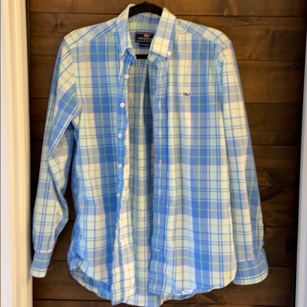 Vineyard Vines slim fit whale shirt EUC Blue Green